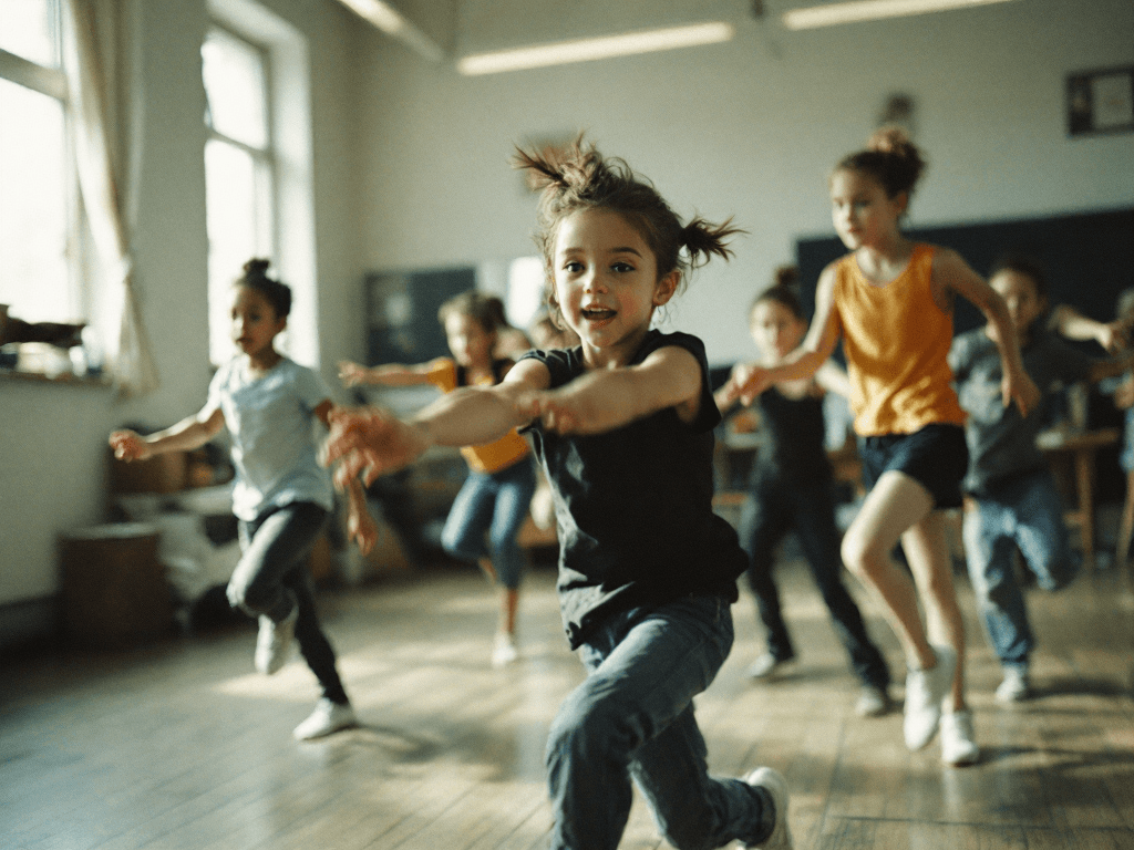 Kids mid-movement in a dance class